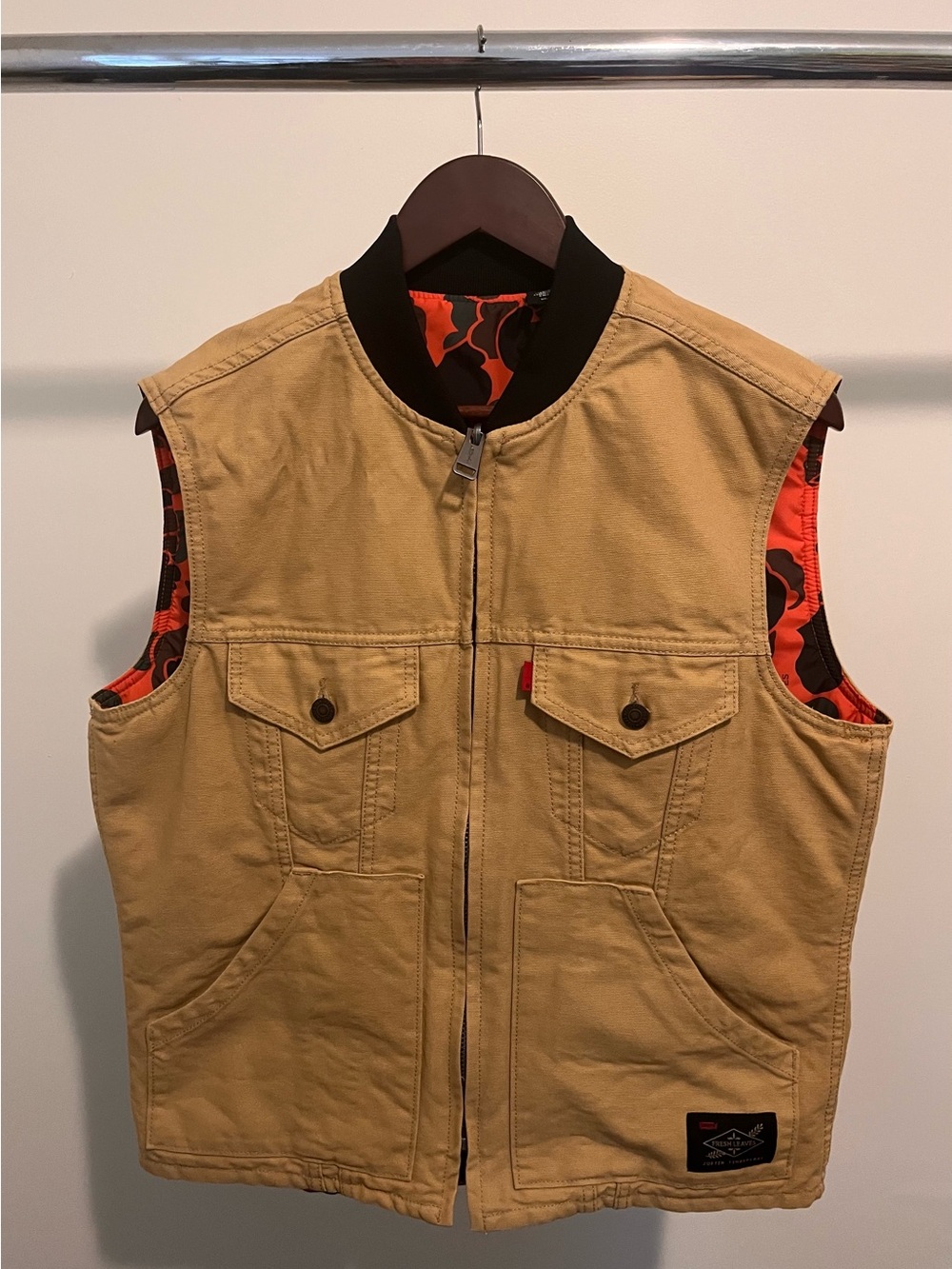 Tan Men’s Levi’s Vest Reversible with Orange Camo Lining